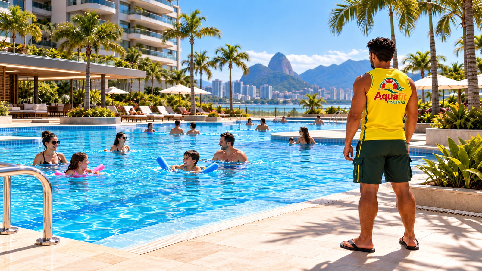 Guardião da Aquafit supervisionando a piscina de um condomínio no Rio de Janeiro, com o Pão de Açúcar ao fundo
