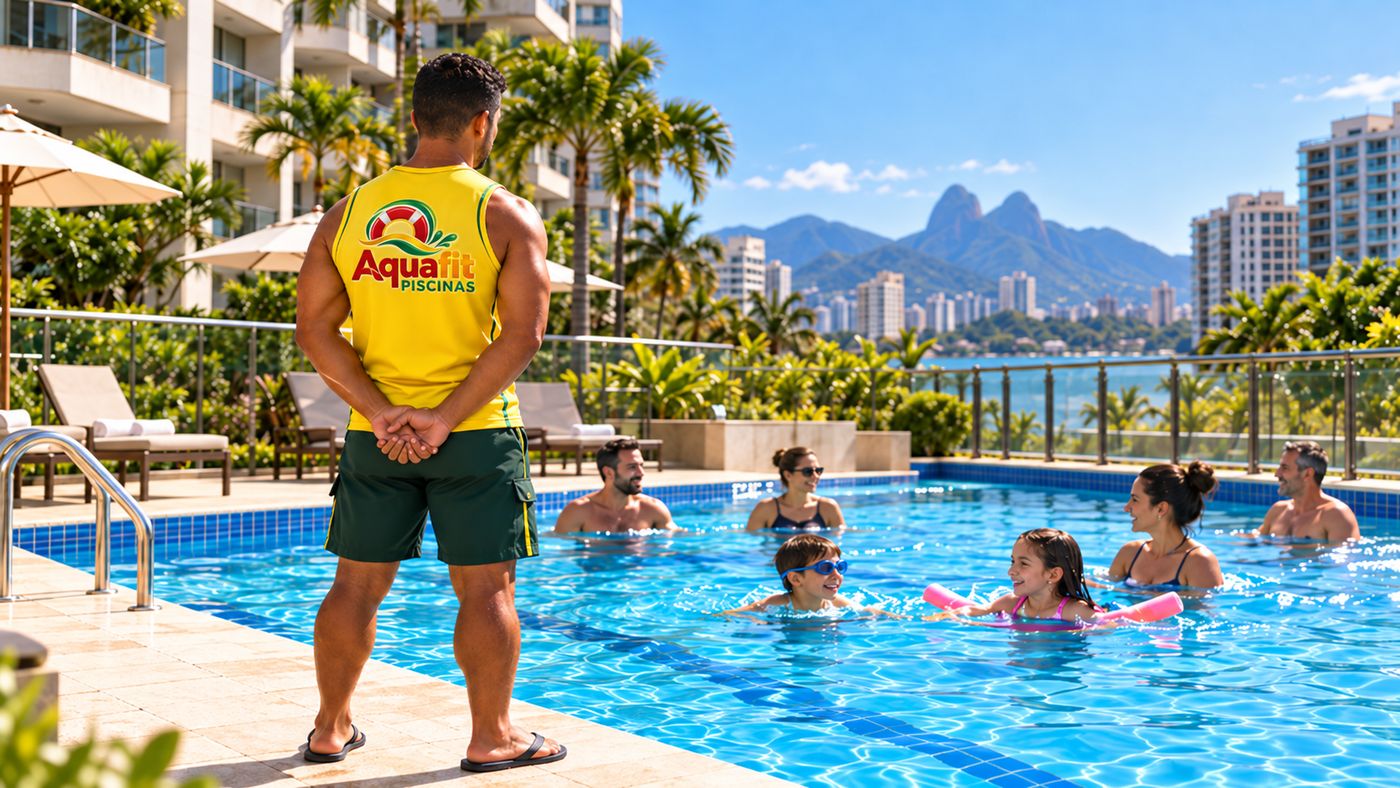 Guardião da Aquafit na borda da piscina, atento aos banhistas