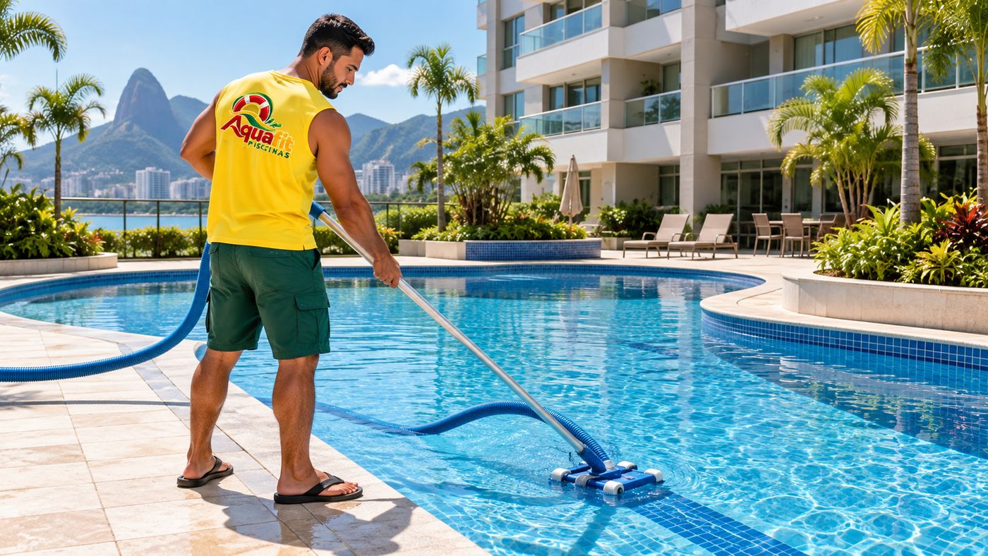 Técnico da Aquafit fazendo a limpeza da piscina